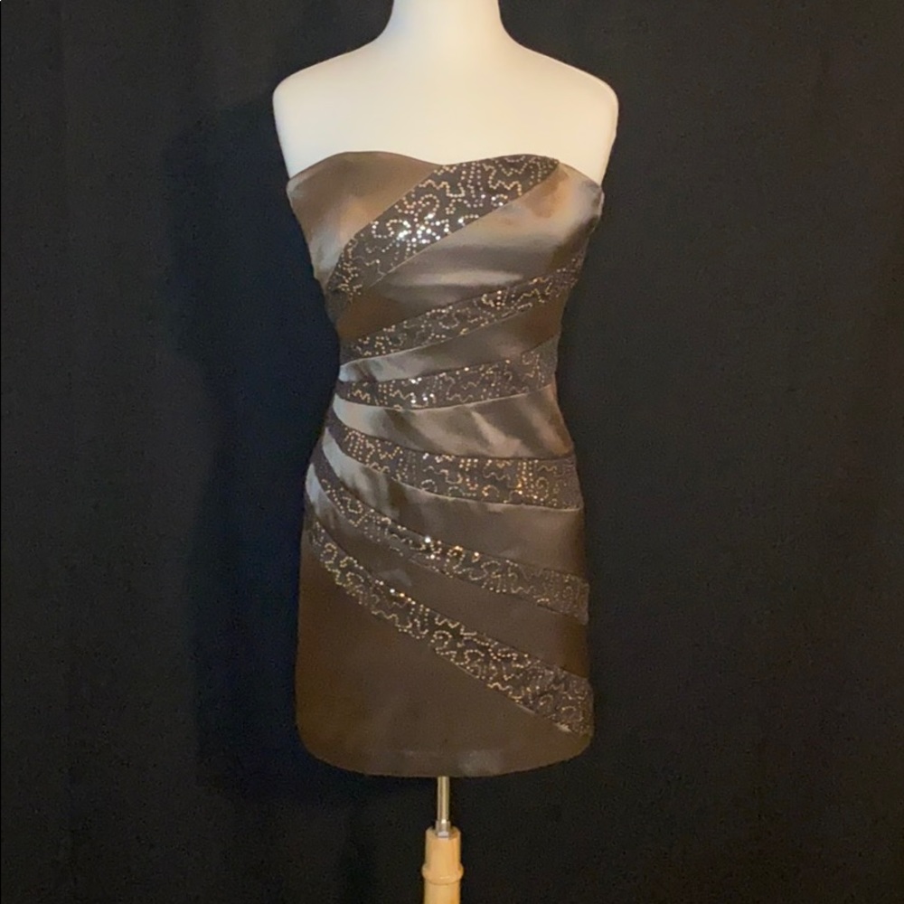 Brown Strapless, Sequined Cocktail Dress